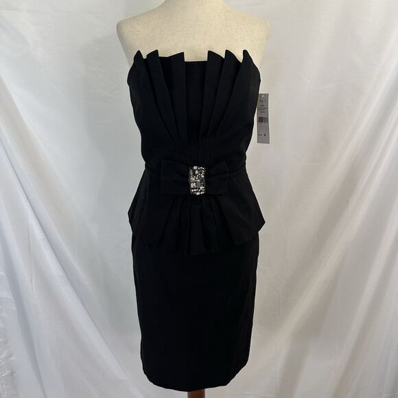 NWT Eliza J Black Strapless Peplum Cocktail Dress Beaded Bow Size 8 - Picture 1 of 10